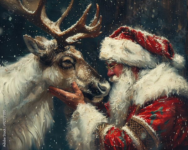 Obraz a oil painted christmas card with santa and a reindeer 