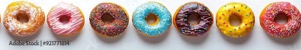 Fototapeta A row of seven colorful donuts with various toppings on a white wooden background.