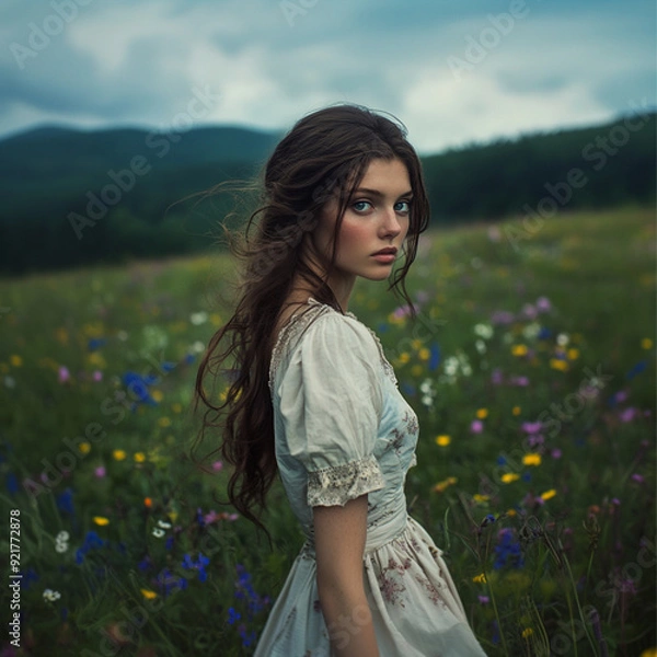Fototapeta cinematic photo of a beautiful woman with long brown hair wearing a simple early 1900s dress and walking through a field of wildflowers in the Blue Ridge Mountains. She has dark blue eyes