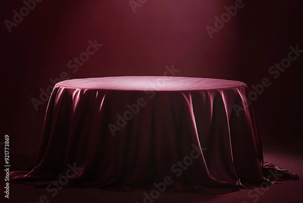 Fototapeta A dark red table cloth is draped over the top of an empty podium, set against a solid background. The tablecloth has subtle texture and its edges are ruffled at one end to create a slight silhouette e