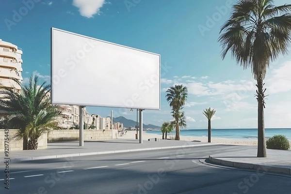 Fototapeta Blank billboard on a sunny beachside road with palm trees, a blue sky, and white clouds, overlooking the ocean.