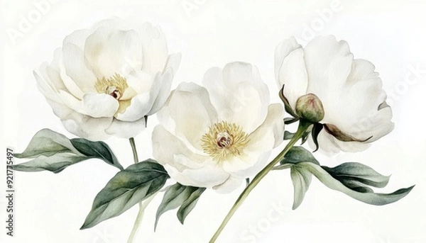 Obraz White peonies with green leaves on a light background in a botanical illustration