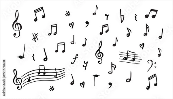 Obraz Music notes on a white background. Hand drawn music note. Doodle drawing music symbol sketch. Vector icons 