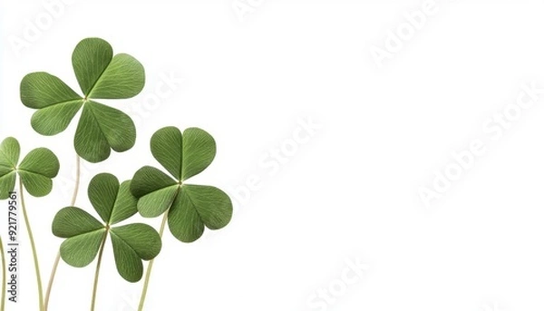 Fototapeta Fresh green clovers arranged on a white background in springtime