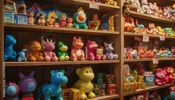 Obraz Colorful display of plush toys and collectibles in a quaint toy shop during the day