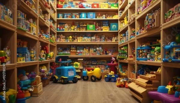 Obraz Colorful toy store with wooden shelves filled with various children's toys