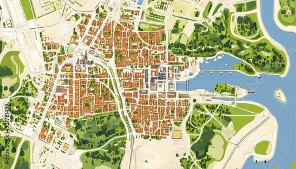 Obraz Detailed map of a coastal city showcasing urban layout, waterways, and green spaces
