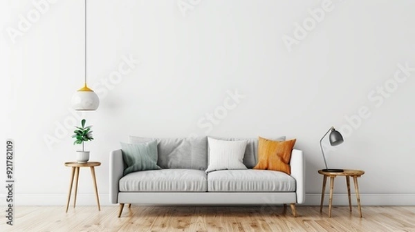 Fototapeta "Tranquil living room with cozy furniture, promoting comfort and ease, deep depth of field, focus on all objects, copy space"