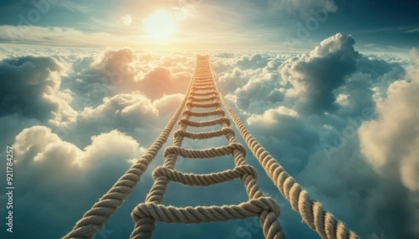 Obraz A rope ladder extending through clouds towards a bright sunrise over the horizon