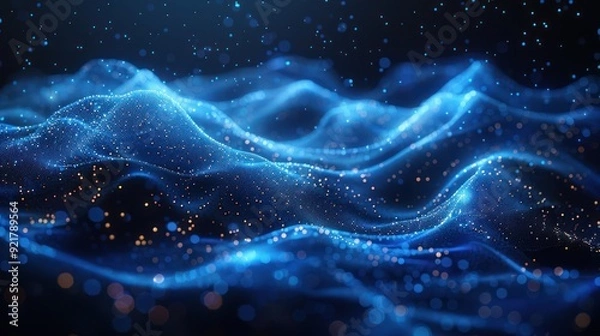 Fototapeta Abstract Blue Waves with Glowing Particles