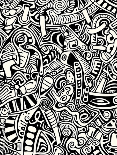 Fototapeta A pattern of hand drawn Easter doodles stands out against a contrasting black and white background.