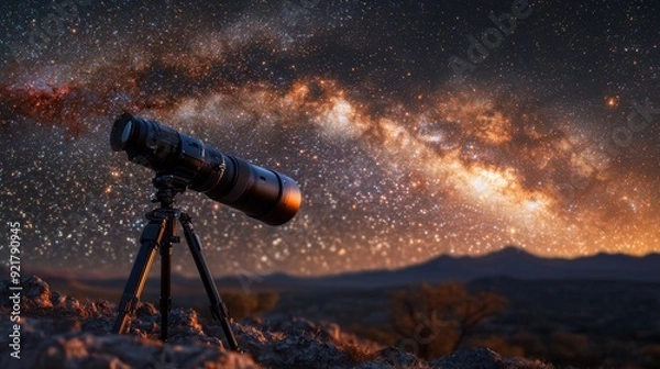 Fototapeta Camera lens pointed at the Milky Way.