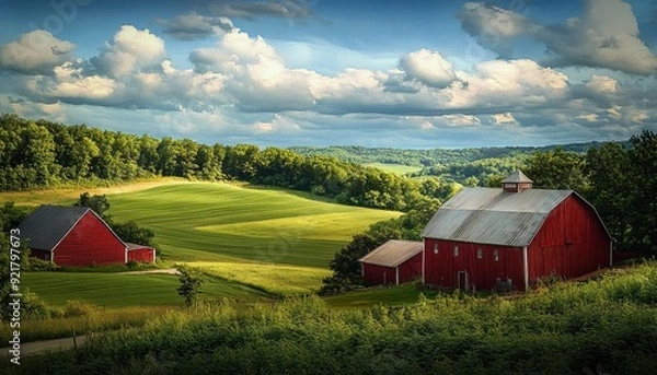 Obraz Lush green valley with red barns under a dynamic sky in rural countryside