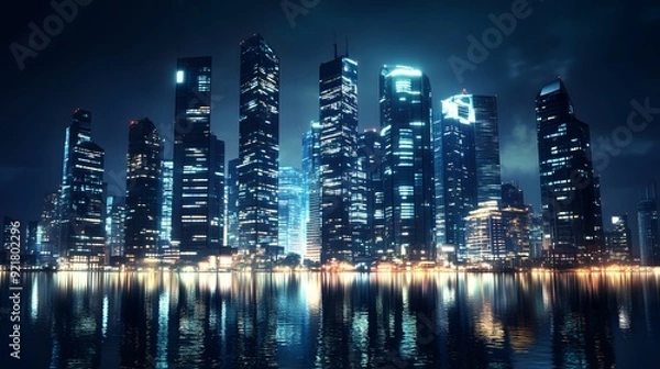 Fototapeta Nighttime view of a technologically advanced city with sleek, illuminated skyscrapers. Premium background for the latest technology needs.