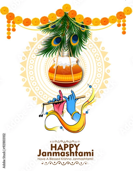Fototapeta Celebrating happy Janmashtami festival of India with llustration of Lord Krishna playing bansuri (flute) and dahi handi competition with text in Hindi meaning 'Krishan Janmashtami'- vector background