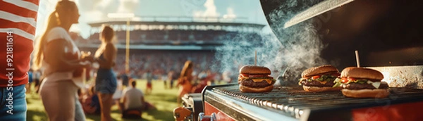 Fototapeta Grilling burgers at a sports event tailgate with fans in the background. Perfect day for a game and delicious food, enjoying outdoor cooking and fun.