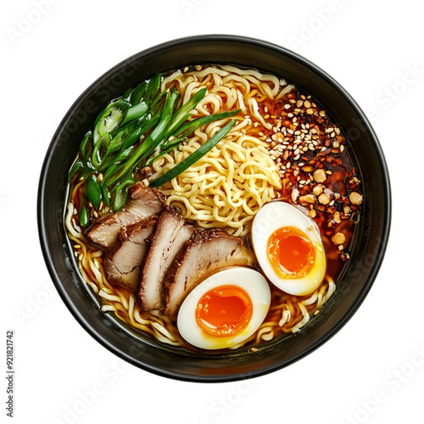 Fototapeta Shoyu ramen noodles bowl top view isolated on a transparent cut-out background