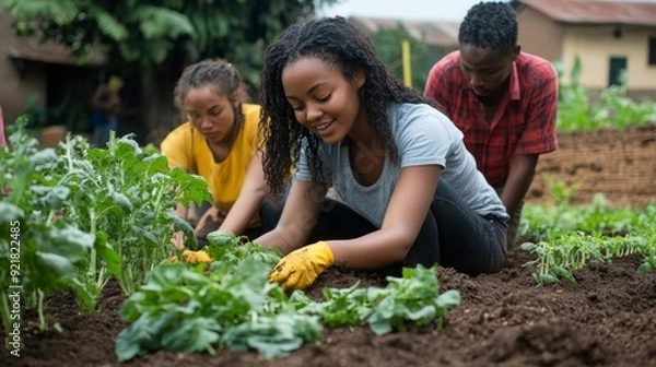 Fototapeta Young woman gardening with friends.