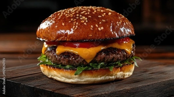 Fototapeta A large hamburger with cheese and ketchup on a wooden table. The burger is the main focus of the image, and it is a delicious and satisfying meal. The wooden table adds a rustic