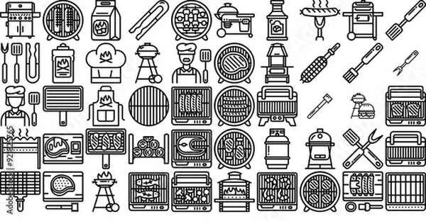 Fototapeta A Collection Of Grill Icons Web Header Banner Design Containing Barbecue,Cooking,Grill,Bbq,Food Stroke Icon Collection. Vector Illustration