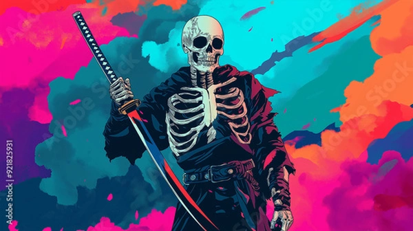 Obraz Japanese oni skulls and synthwave katana swords