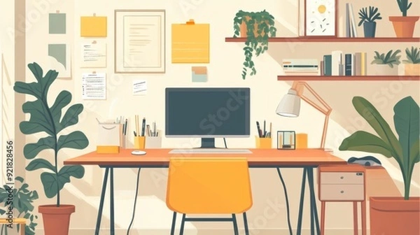 Obraz Cozy Workspace Design, inviting atmosphere featuring warm decor against a white backdrop, showcasing character design in a simple, vibrant 2D game art style