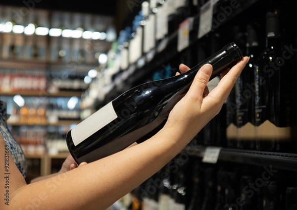 Fototapeta Close-up of a hand holding a wine bottle in a store aisle with shelves of wine bottles in the background