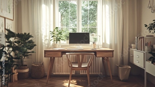 Fototapeta Serene Home Office Retreat, a calm workspace featuring a sleek wooden desk, minimalist design elements, warm tones, and a tranquil atmosphere for productivity and focus.