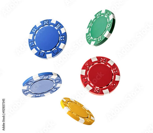 Fototapeta colorful casino chips isolated on white background, flying in the air. cut out