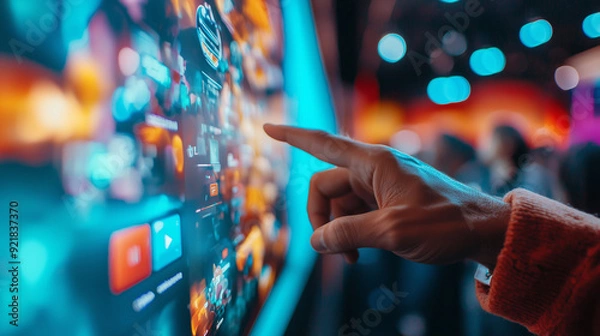 Fototapeta Close-up of hands pointing at interactive touchscreen TV