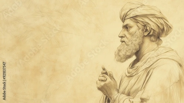 Fototapeta Biblical Illustration of The Lord Calls Samuel: Samuel Receiving the Lord's Message, with a Look of Awe and Solemnity, Beige Background, Faith, Revelation, Old Testament