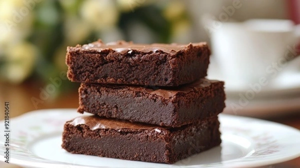 Fototapeta A stack of homemade chocolate brownies. Ideal for use in recipes, articles, or social media posts about baking or desserts.