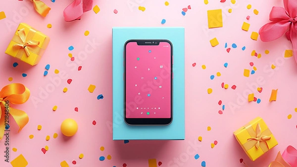 Fototapeta Flat vector image of a gift box featuring a smartphone, showcasing a special digital marketing offer and online sale banner, set against a white background.