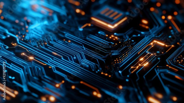 Fototapeta Quantum computer technologies concept. Futuristic blue circuit board background with modern technology circuit board texture design. Features flowing waves and quantum explosion technology elements.
