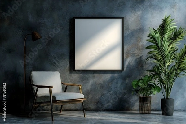 Fototapeta Minimalist Armchair with Blank Canvas Frame and Greenery on Metal Shelf
