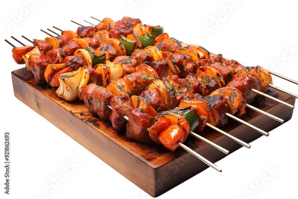 Fototapeta Deliciously Grilled Skewers With Meat and Vegetables Prepared for a Summer Barbecue Gathering on White or PNG Transparent Background.