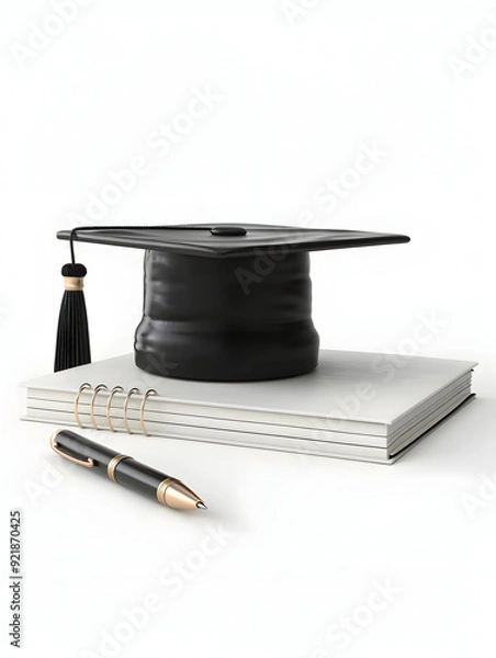 Fototapeta Dreamy 3D Graduation Cap with Notebook and Pen on White Background   Education and Documentation Concept
