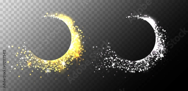 Obraz Vector set of round frames of bright golden and silver confetti on transparent background. Festive borders of glitters with space for text for invitations, banners and invitations.