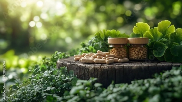 Fototapeta Organic Nootropic Capsules and Supplements with Ginkgo Biloba and Rhodiola Root, Presented in a Natural Setting Surrounded by Greenery, Highlighting Their Natural and Holistic Health Benefits