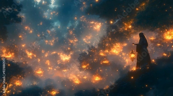 Fototapeta Enchanted Dark Forest with Glowing Mystical Creatures and a Witch Casting Spells Among Floating Lanterns for a Magical and Fantasy Atmosphere