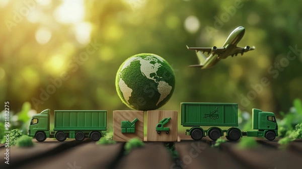 Obraz Sustainable Green Logistics: Miniature Globe on Wooden Blocks Featuring Green Transportation Icons Symbolizing Eco-Friendly Global Shipping and Supply Chain Management