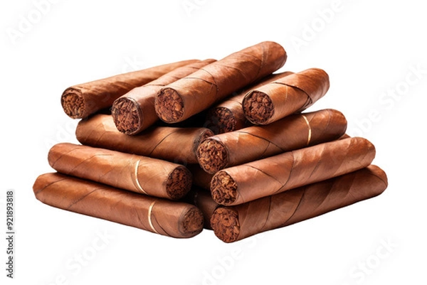 Fototapeta Hand-Rolled Cigars Stacked Neatly With Rich Brown Leaves Under Soft Ambient Light on White or PNG Transparent Background.