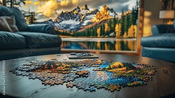 Fototapeta A nearly completed jigsaw puzzle of a scenic landscape, with only a few pieces left, placed on a coffee table in a cozy living room.