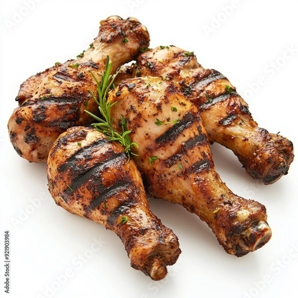 Obraz Close up of BBQ Grilled chicken drumsticks on an isolated white background