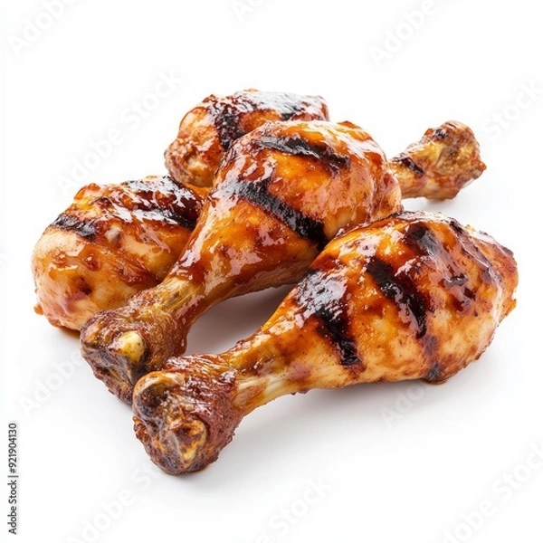Obraz Close up of BBQ Grilled chicken drumsticks on an isolated white background