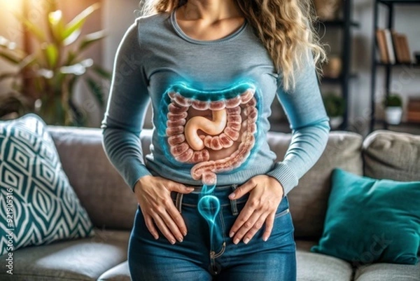 Fototapeta Woman suffering from abdominal pain with small and large intestines organ shape. Digestive tract problems include colitis, IBS or colon cancer.