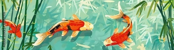 Fototapeta Colorful Koi fish swimming gracefully in a tranquil pond surrounded by lush green reeds, depicted in a high-quality illustration.