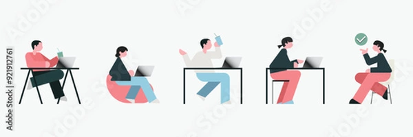 Obraz Illustration set of isolated people with computers at workplace virtual video conference call and meeting. Diverse men and women with laptops at remote work online business
