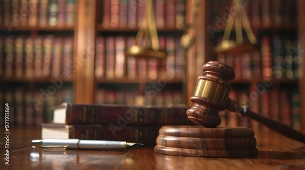 Fototapeta Gavel resting on a wooden table in a law library with shelves of books in the background Scales of justice are visible, symbolizing the legal profession