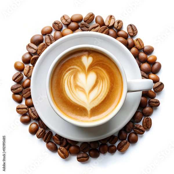 Fototapeta Coffee Mug with Latte Art and Coffee Beans Top View Isolated on White Background